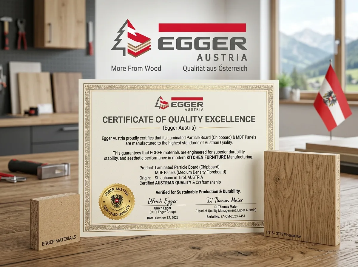 Логотип и сертификат Egger Austria — производитель ЛДСП и МДФ плит для кухонной мебели, австрийское качество